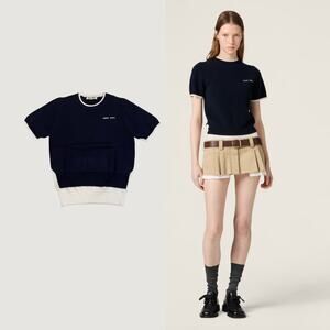Miu Miu Navy Cashmere Wool 2025 Sweater | IT 40 / US 4-6, Short Sleeve, Intarsia